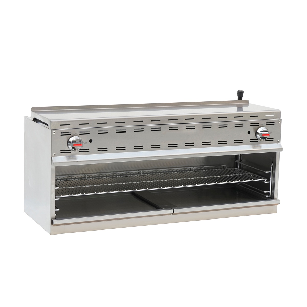Enhanced Gas Equipment ERCM-48 48-inch stainless steel cheese melter with dual control knobs and wire rack