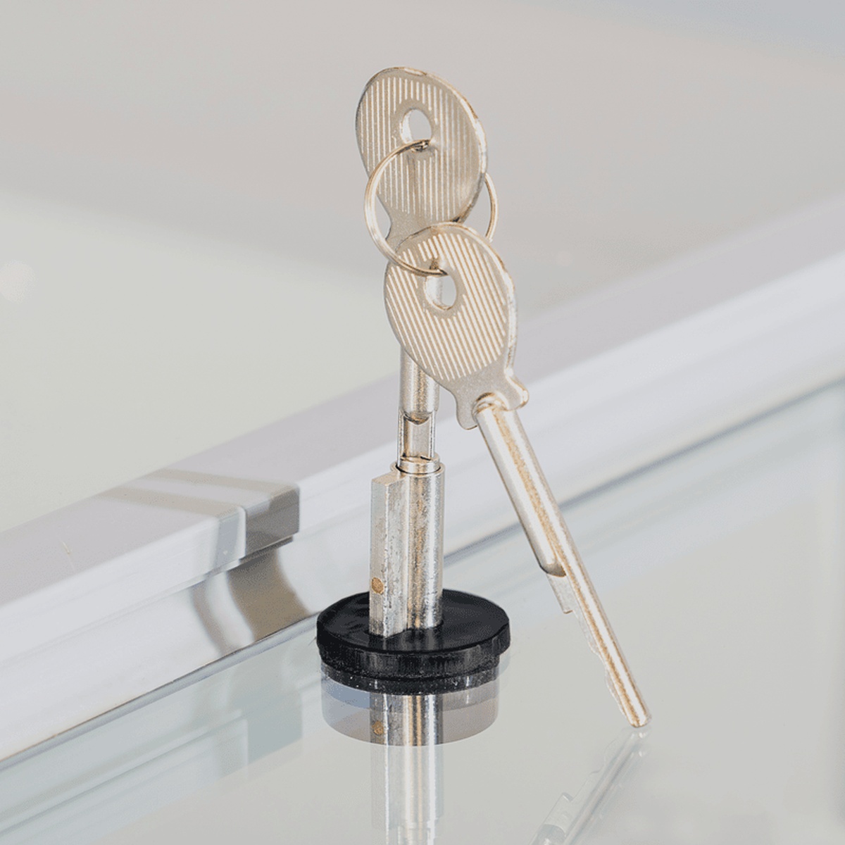 Close-up of the locking cylinder with two included keys inserted into the ERI-260 Enhanced freezer glass lid