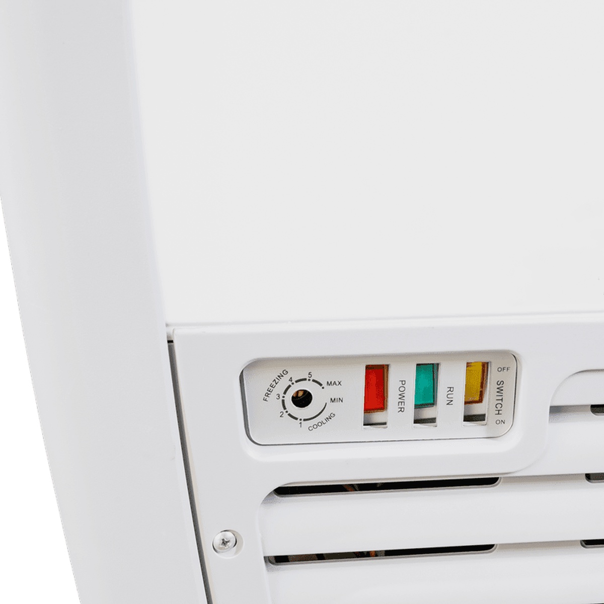 Close-up of the ERI-260 Enhanced freezer control panel showing temperature dial, power indicator, run indicator, and on/off switch