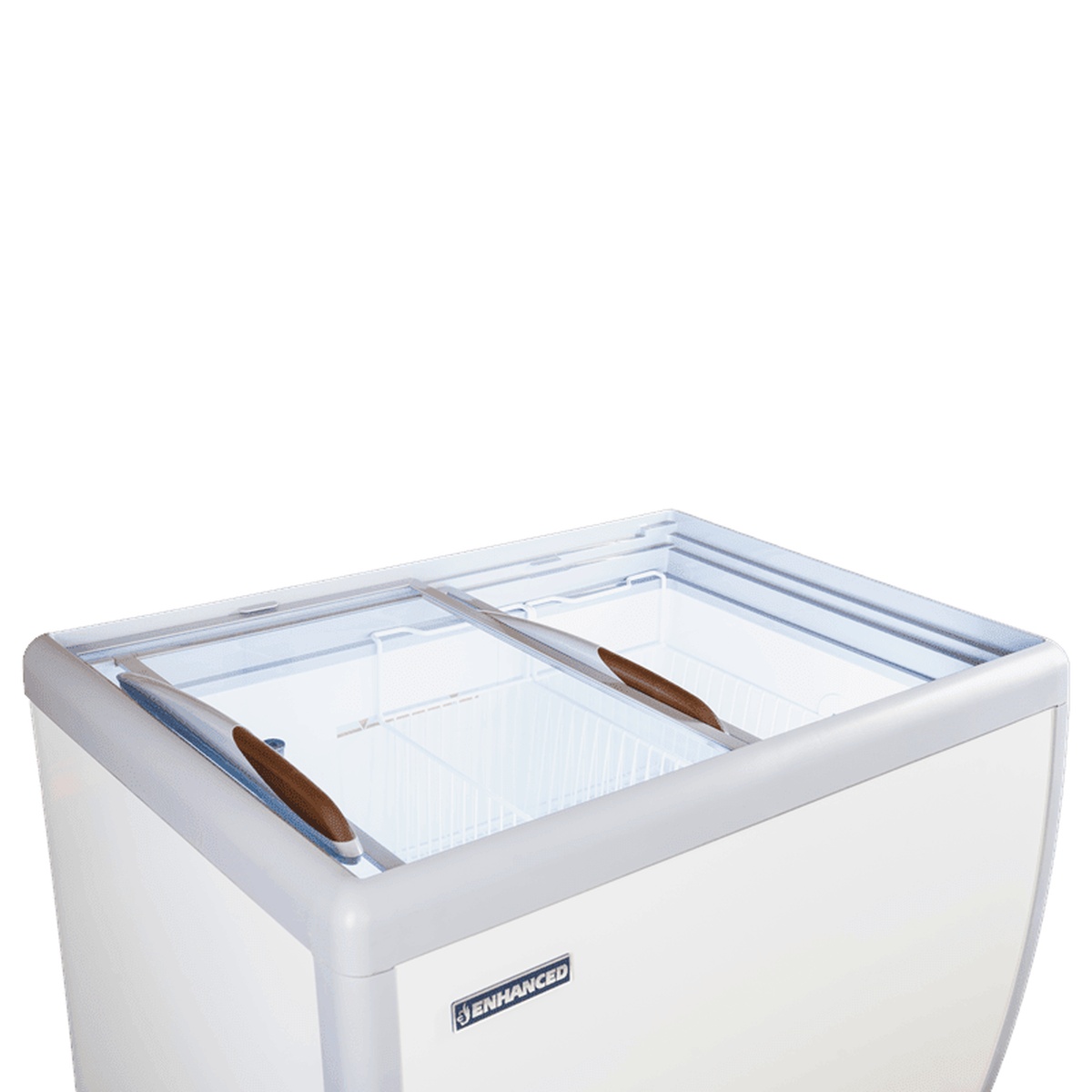 Close-up of ERI-260DC Enhanced dual sliding flat glass lids open, showing wire baskets inside the freezer cabinet