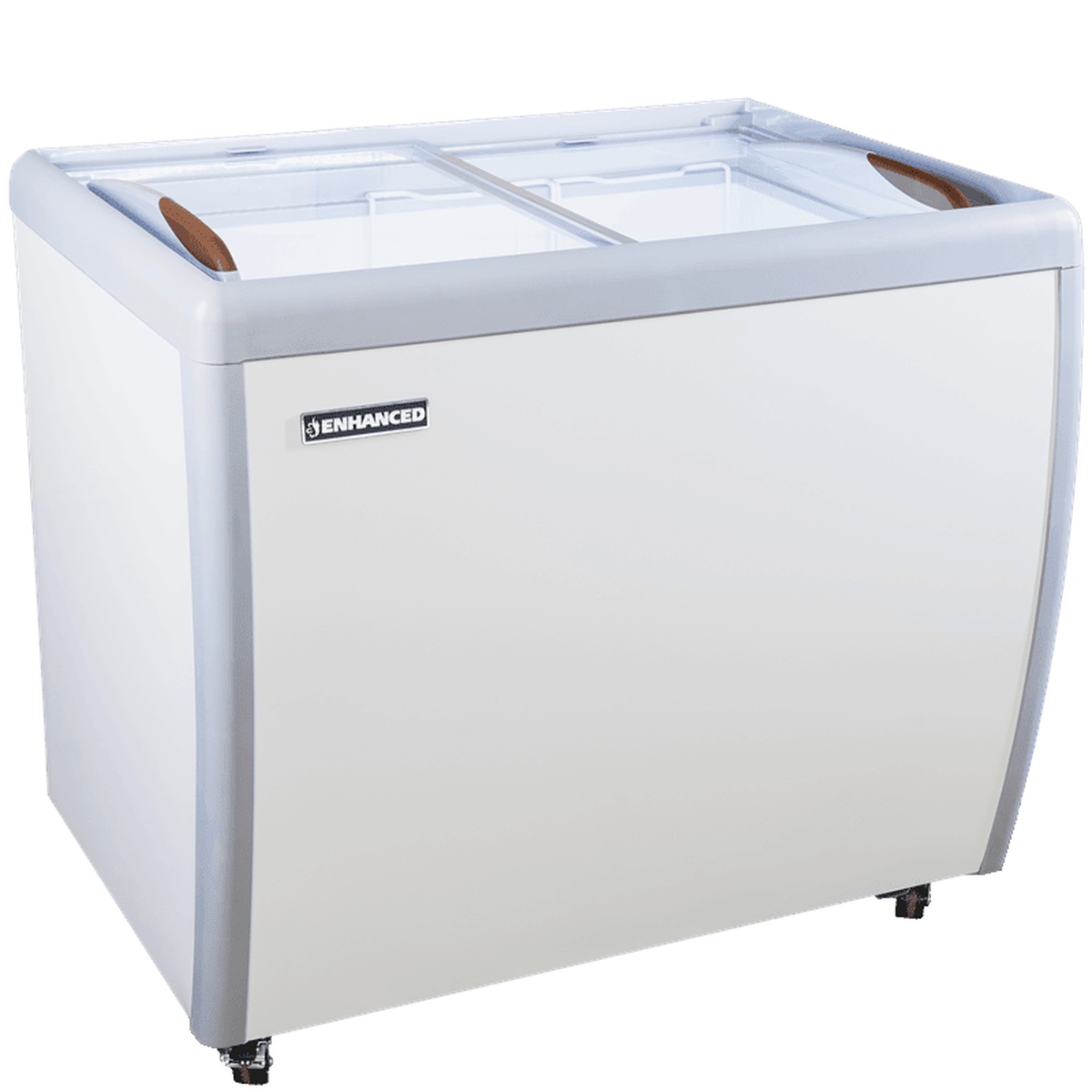 ERI-260DC Enhanced 40-inch white ice cream dipping cabinet with dual sliding flat glass lids and brown ergonomic handles