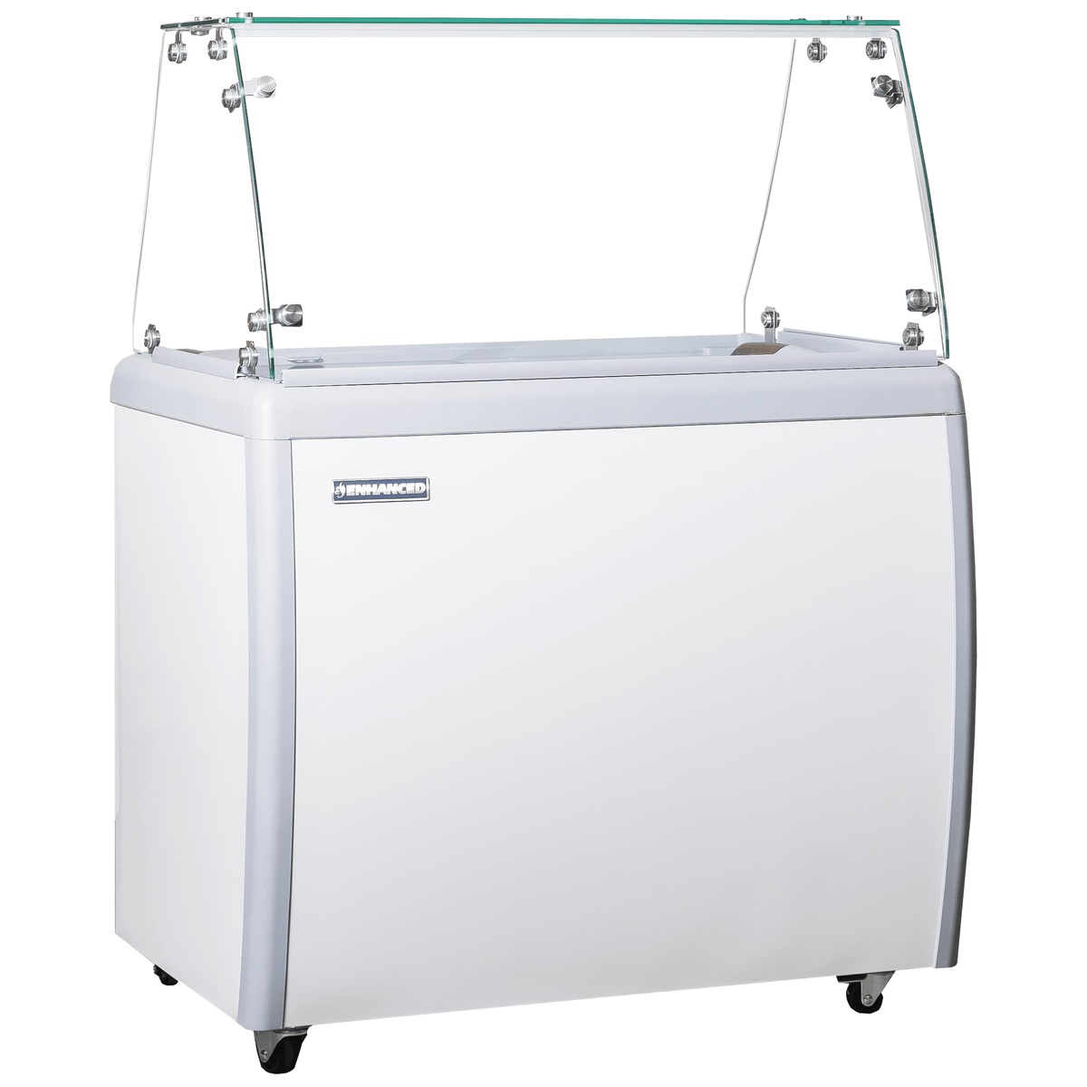 Enhanced Freezers ERI-360DC ice cream dipping cabinet with curved white body, sliding glass lids, and glass sneeze guard on casters