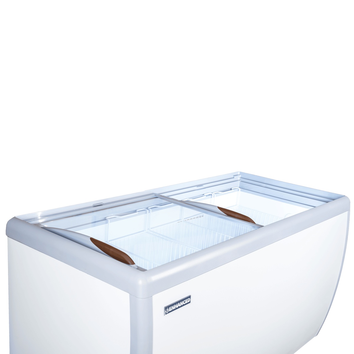 Close-up of ERI-460 Enhanced freezer top showing open sliding glass lids and wire baskets inside the illuminated interior