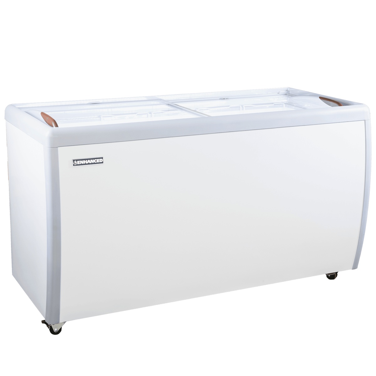 ERI-460 Enhanced 60-inch white chest freezer display cabinet with sliding flat glass lids and caster wheels