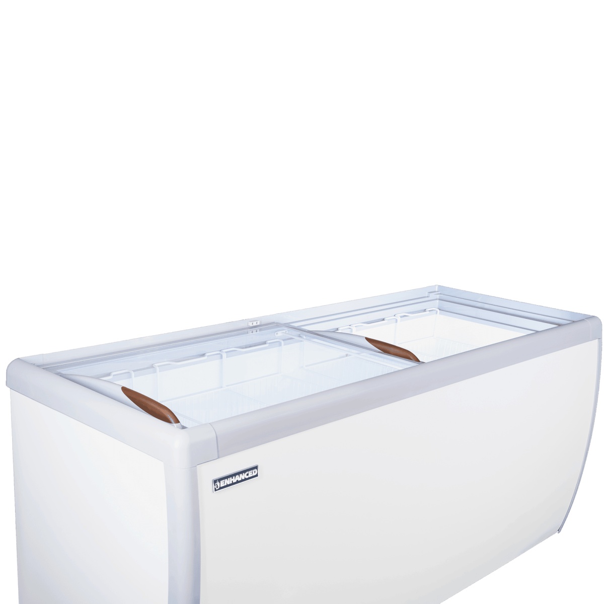 Close-up of ERI-560 Enhanced dual sliding flat glass lids with pull handles on top of freezer