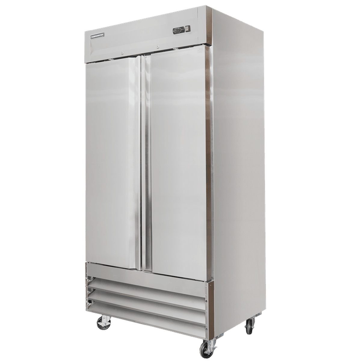 Enhanced ERS-35F-HC two solid door stainless steel reach-in freezer on casters, full unit view