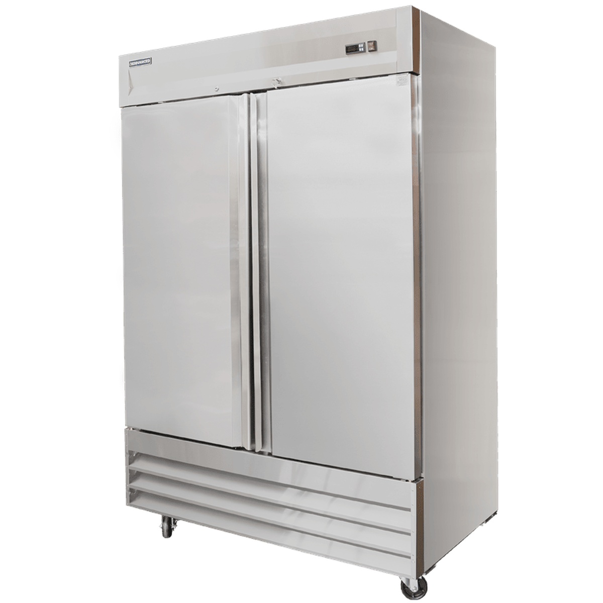 Enhanced ERS-48F-HC 2-door solid stainless steel reach-in freezer, angled view showing casters and digital control panel