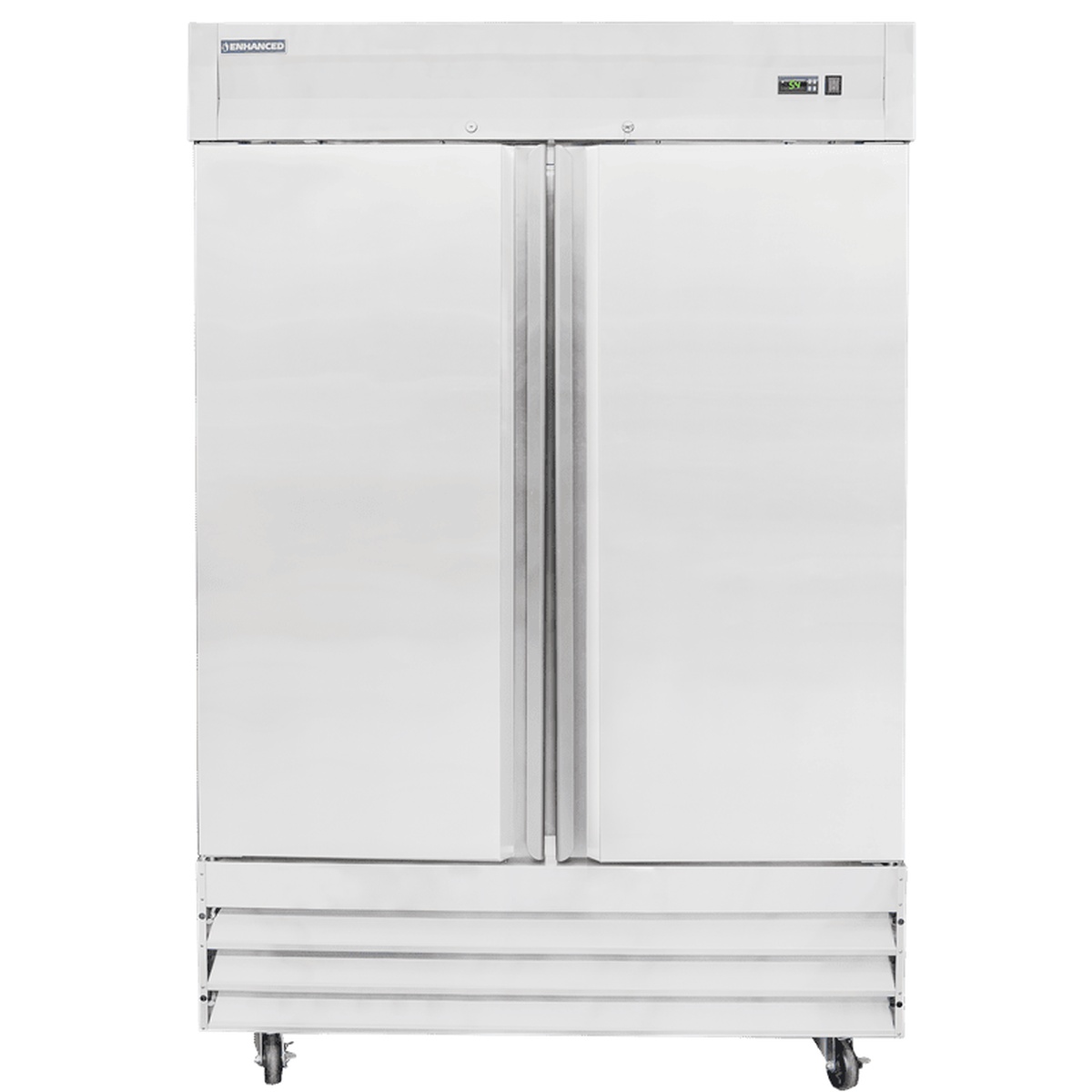 Enhanced ERS-48F-HC 2-door solid reach-in freezer, straight front view showing digital display and white exterior panels