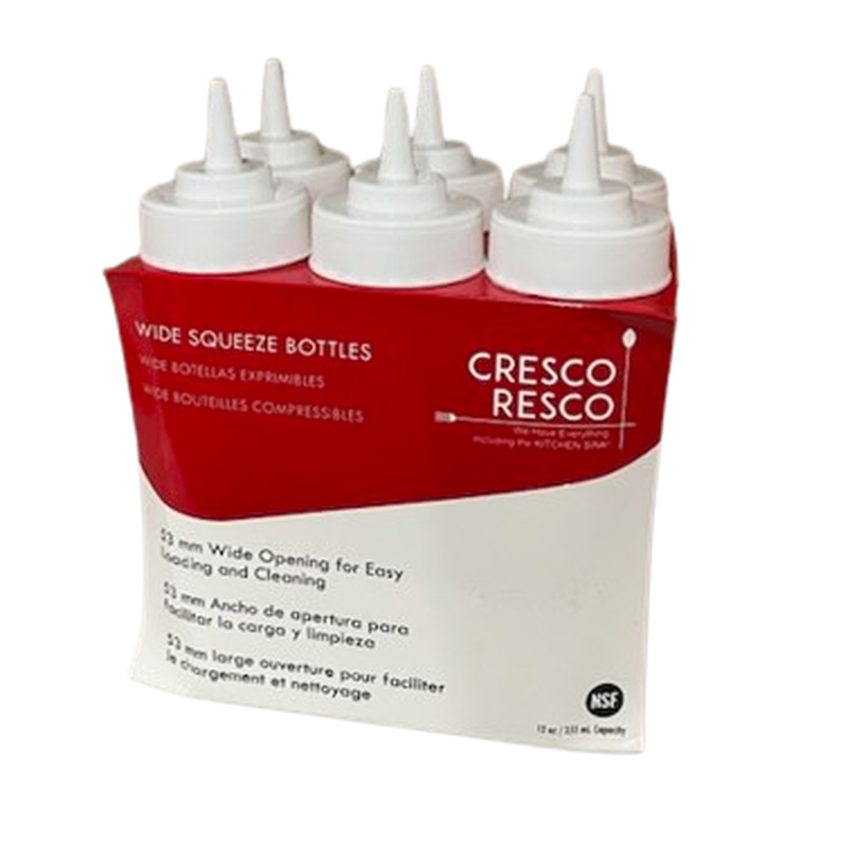 Six white 16oz wide-mouth squeeze bottles in Cresco Resco branded red packaging