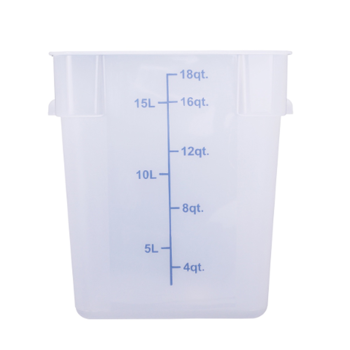 18 Qt. square translucent food storage container with quart and liter measurement markings on the side