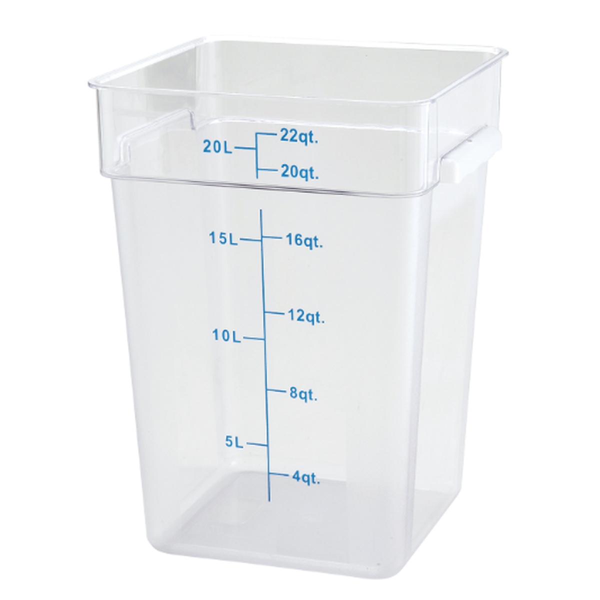 Cresco Resco ESC22C 22-quart clear square polycarbonate food storage container with blue quart and liter measurement markings