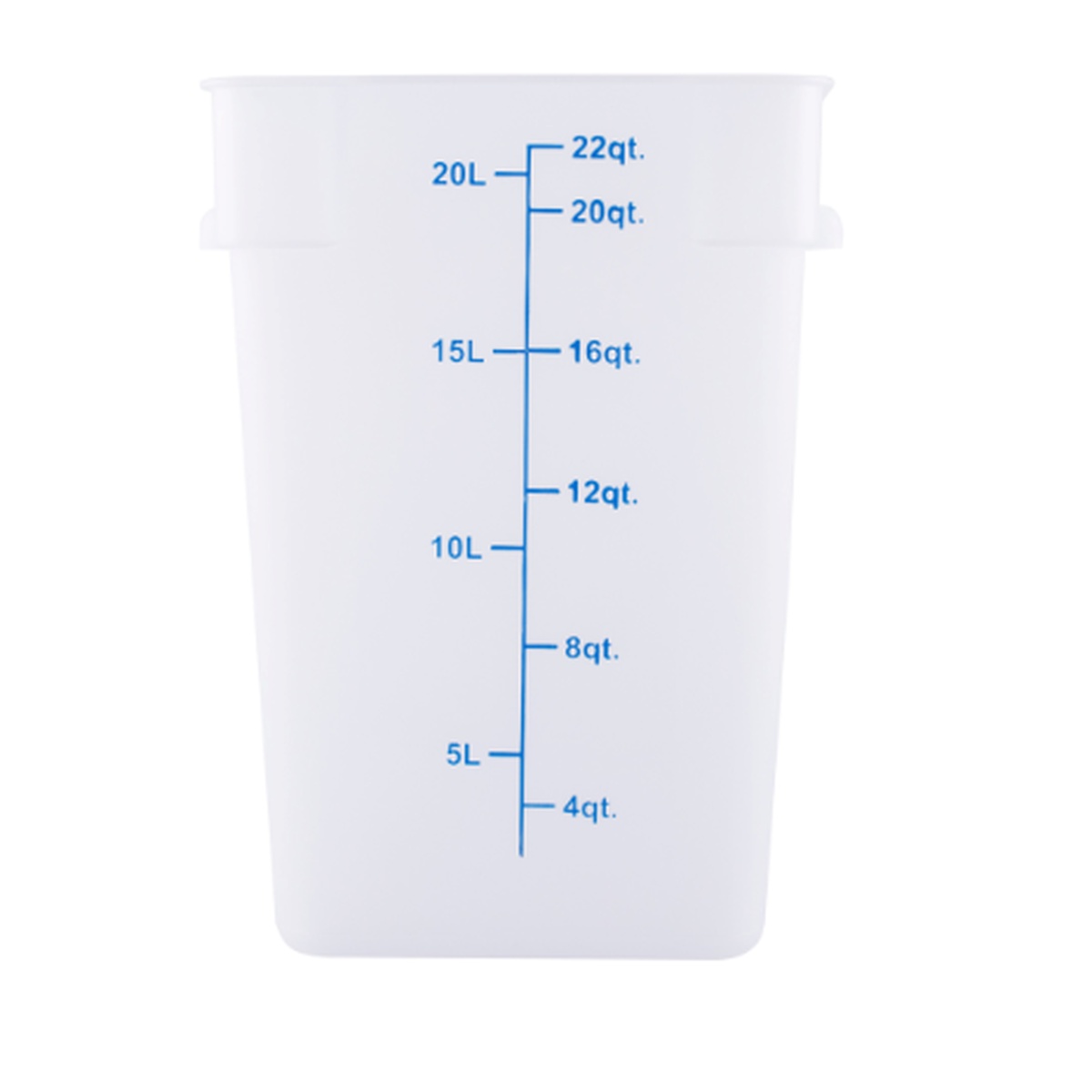 Cresco Resco ESC22T 22 Qt. square translucent food storage container with blue quart and liter measurement markings