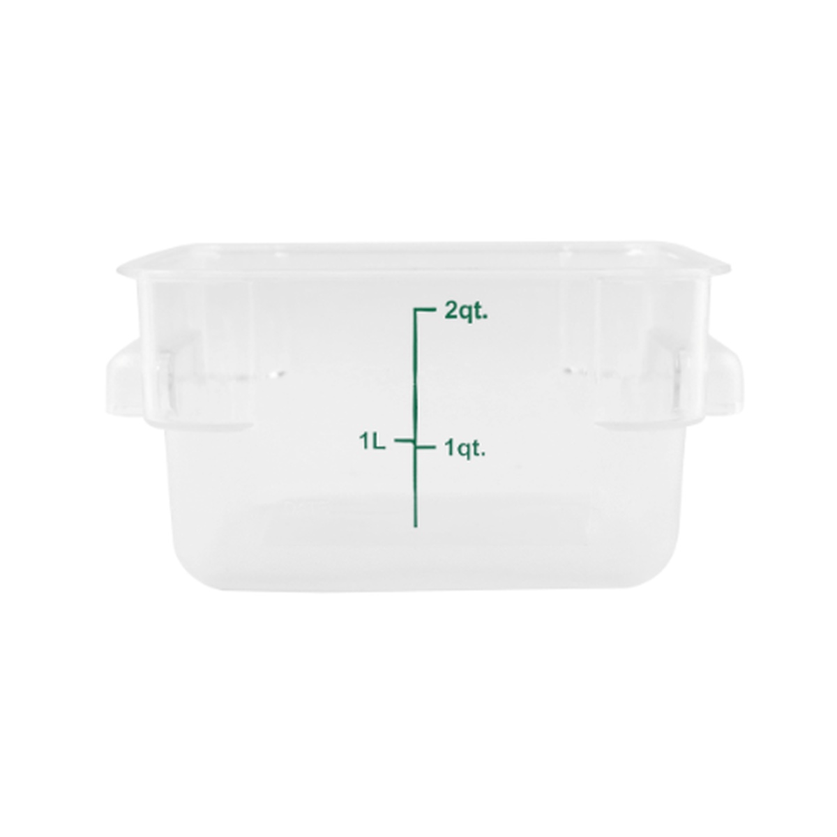 Clear 2-quart square polycarbonate food storage container with green graduated measurement markings showing 1qt, 1L, and 2qt levels