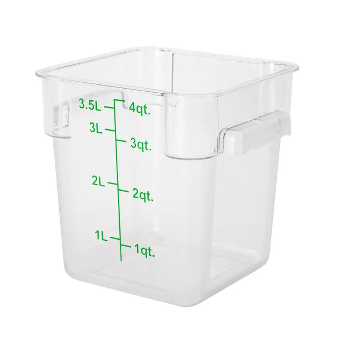 Clear square polycarbonate 4-quart food storage container with dual liter and quart measurement markings