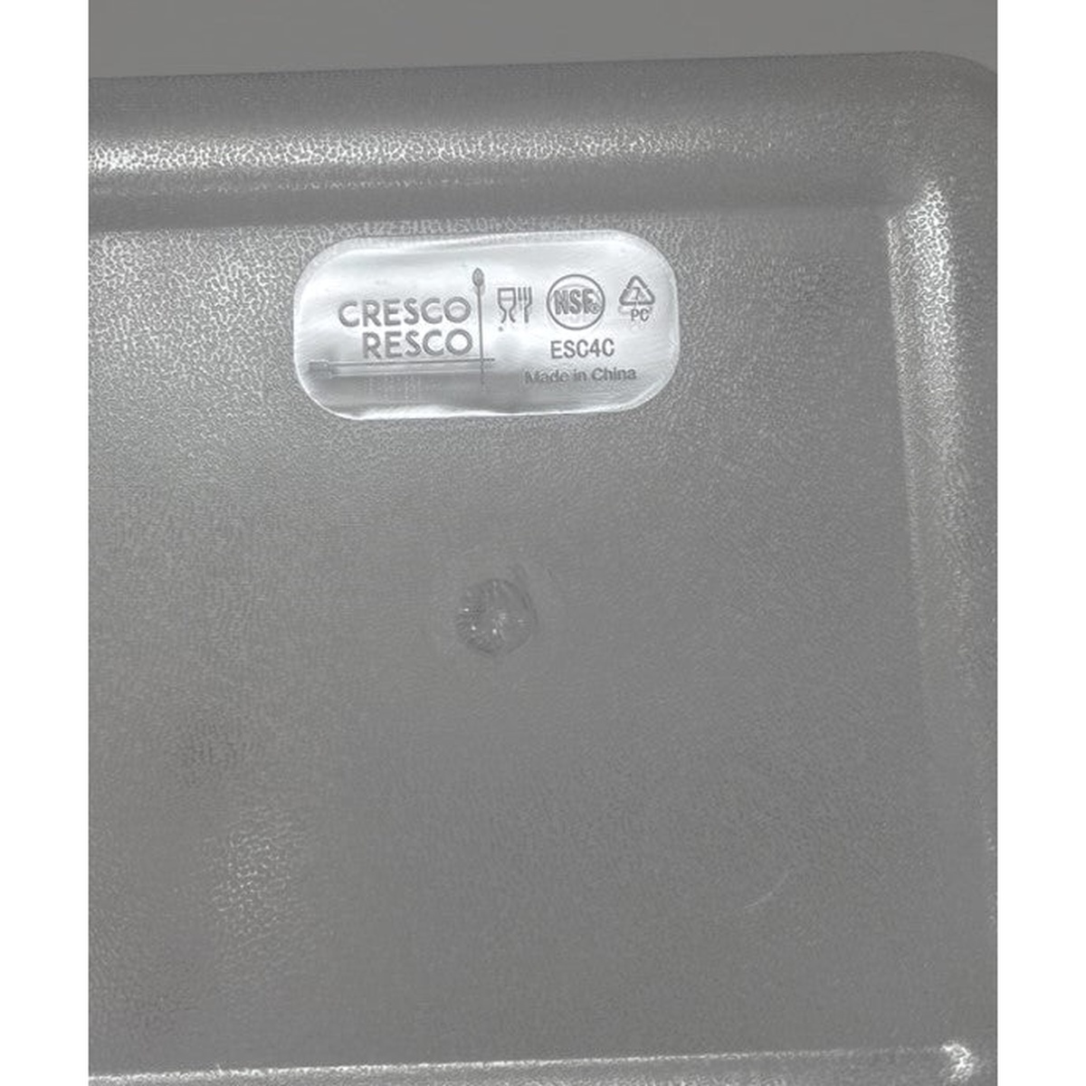 Bottom of Cresco Resco ESC6C container showing brand stamp, NSF certification mark, polycarbonate material symbol, model number ESC4C, and Made in China imprint