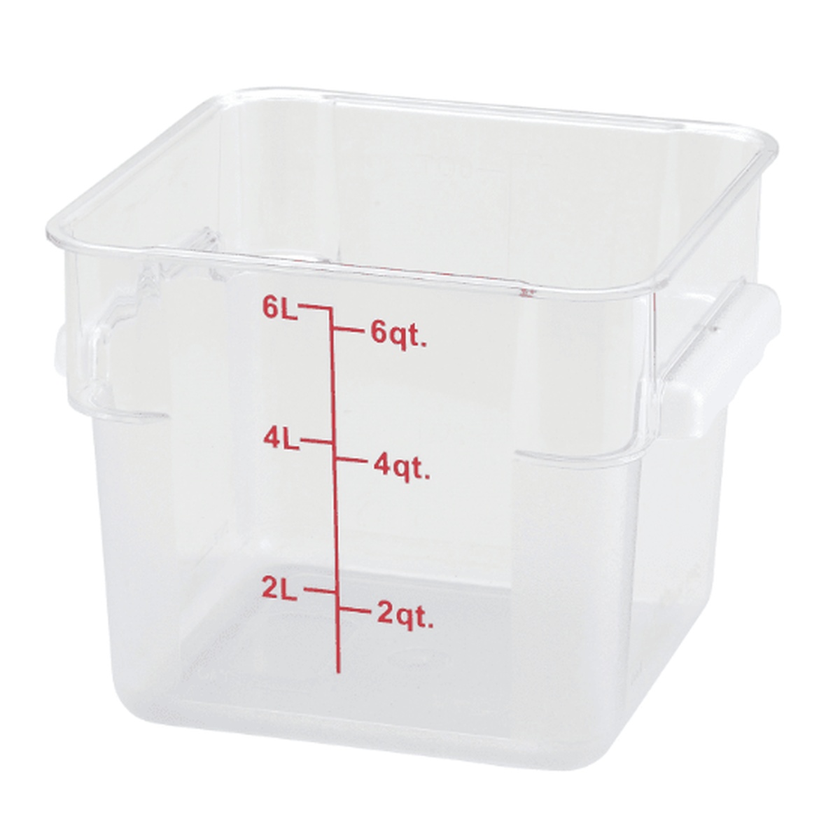 Cresco Resco ESC6C 6 Qt. clear square polycarbonate food storage container with red measurement markings showing 2qt/2L, 4qt/4L, and 6qt/6L graduations
