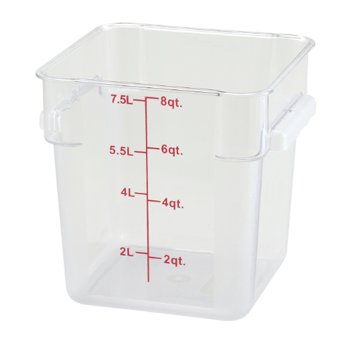 Clear square polycarbonate food storage container with red dual-scale measurement markings in quarts and liters