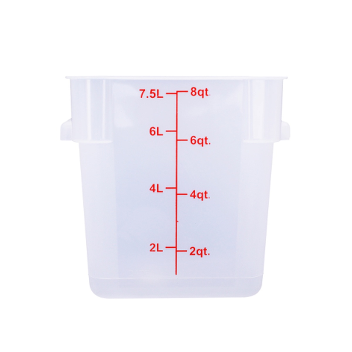 Cresco Resco ESC8T 8 Qt. translucent square food storage container with red liter and quart measurement markings