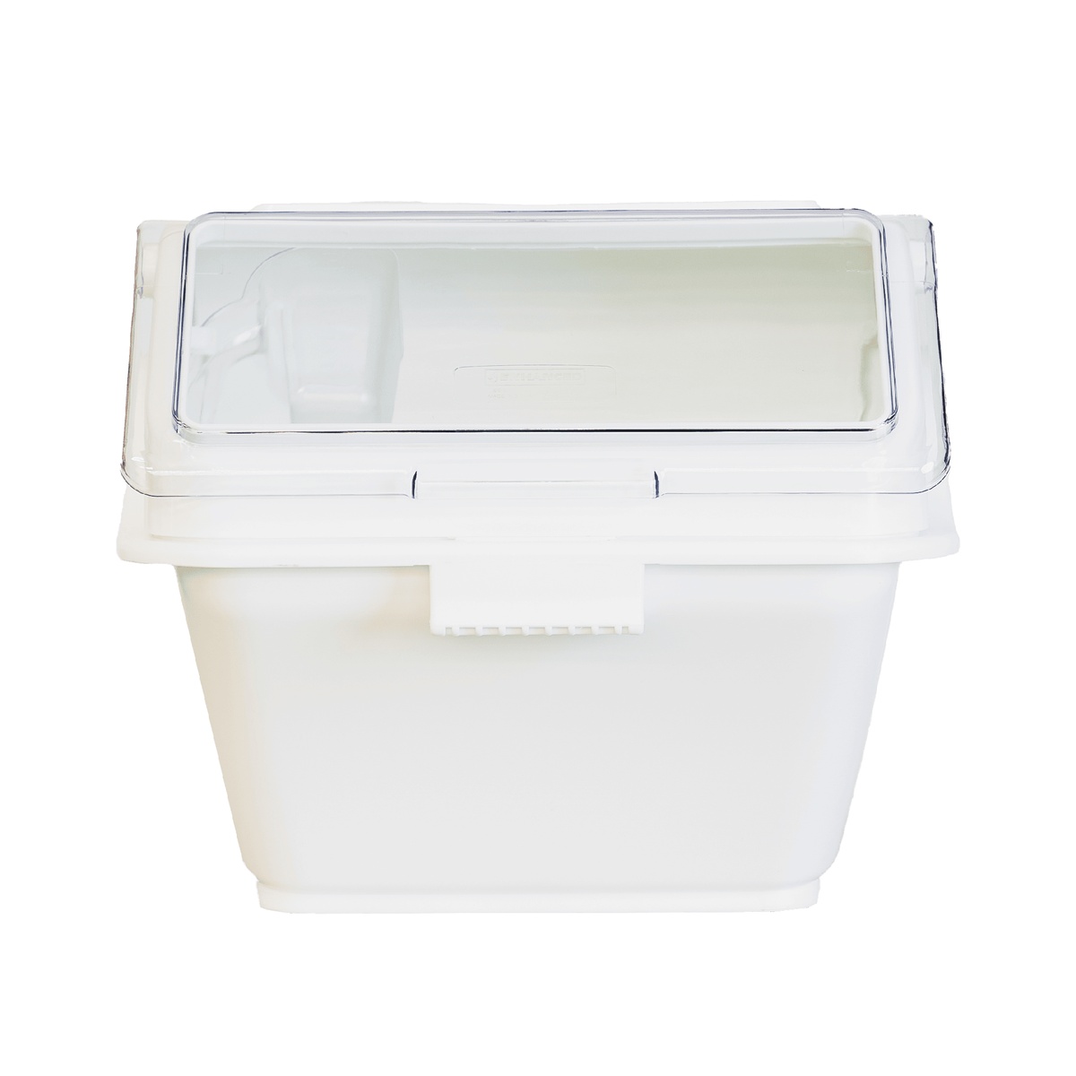 White ingredient bin with clear lid closed, straight-on front view