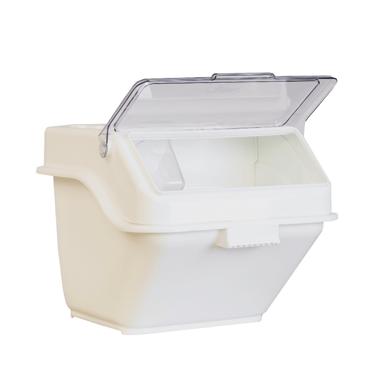 Cresco Resco ESIB-2.6 shelf ingredient bin shown at angle with hinged clear lid open