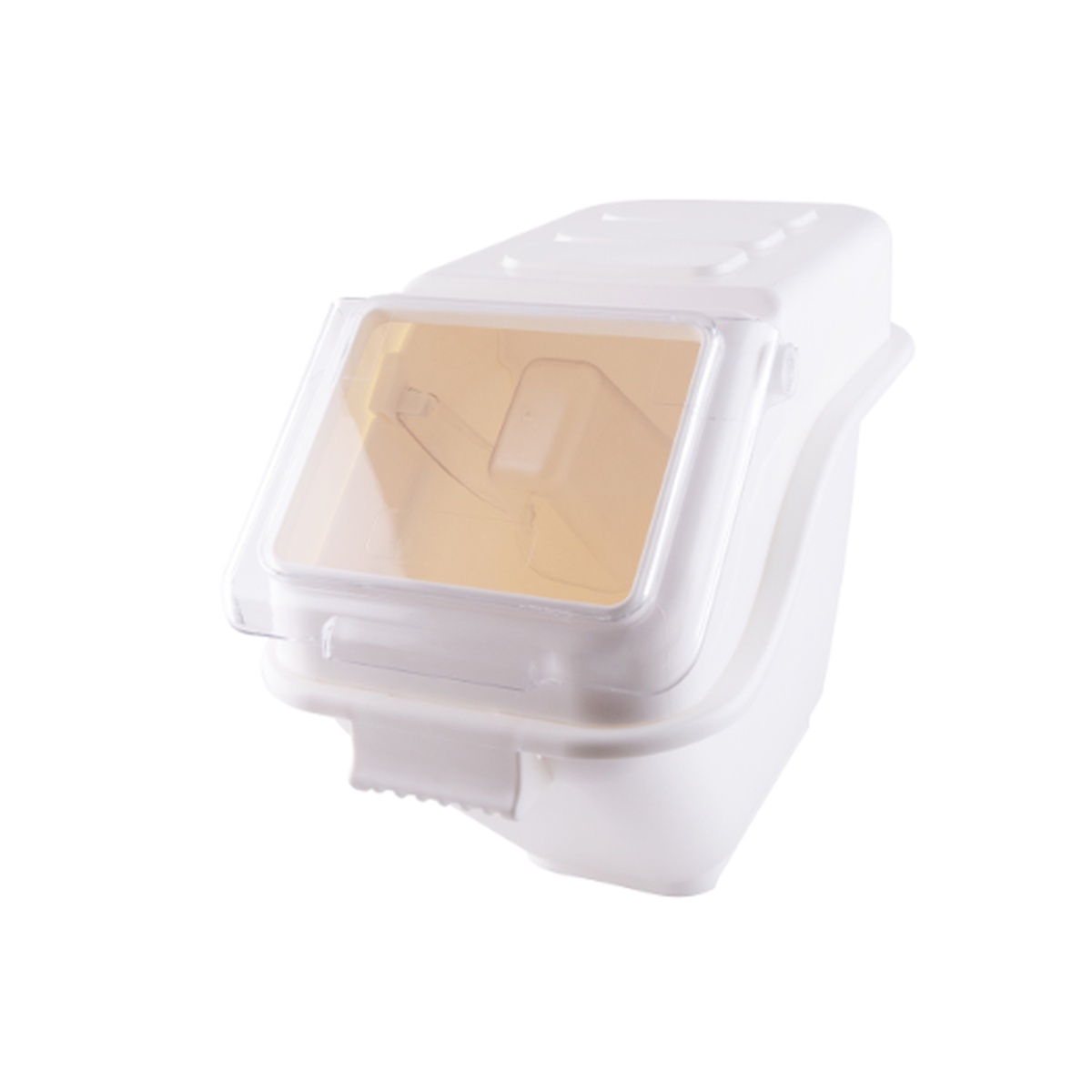 Cresco Resco ESIB-6.3 white shelf ingredient bin with clear front panel and measuring scoop inside