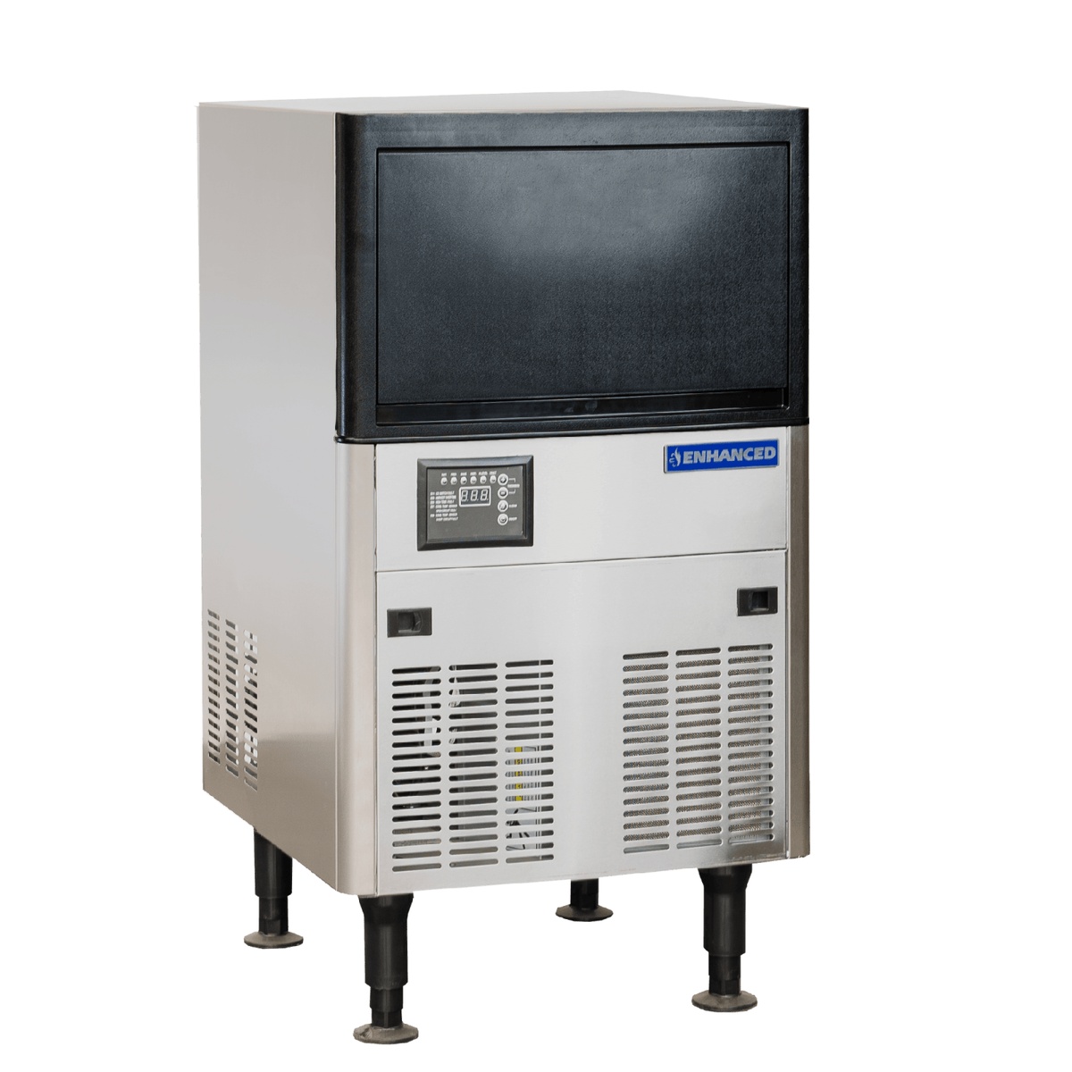 ESK-129S Enhanced undercounter ice machine full unit view showing stainless steel cabinet and black bin lid
