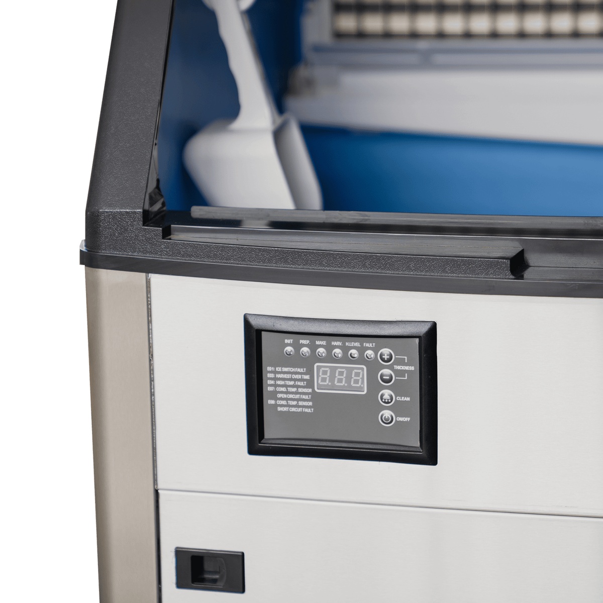 Close up of the digital control panel and ice bin