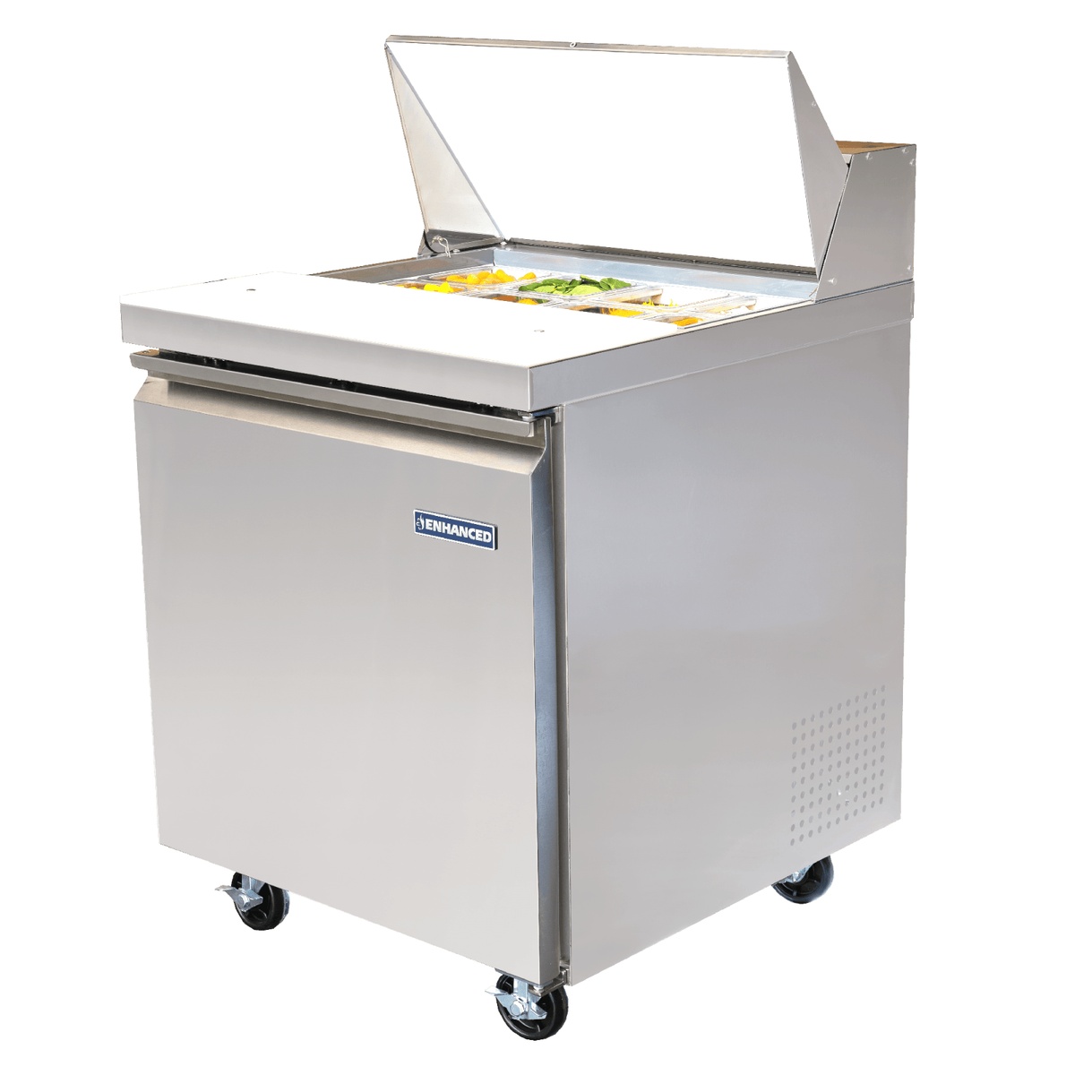 Enhanced ESP-27-HC refrigerated sandwich and salad prep table, angled view with hinged top open showing six poly food pans loaded with fresh ingredients