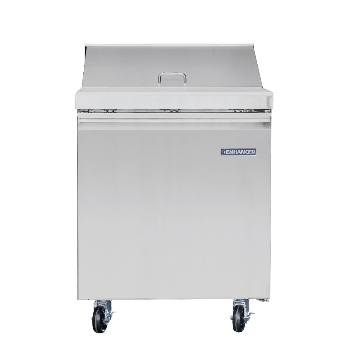 Enhanced ESP-27-HC refrigerated sandwich prep table, front view showing stainless steel door, top rail, and four casters
