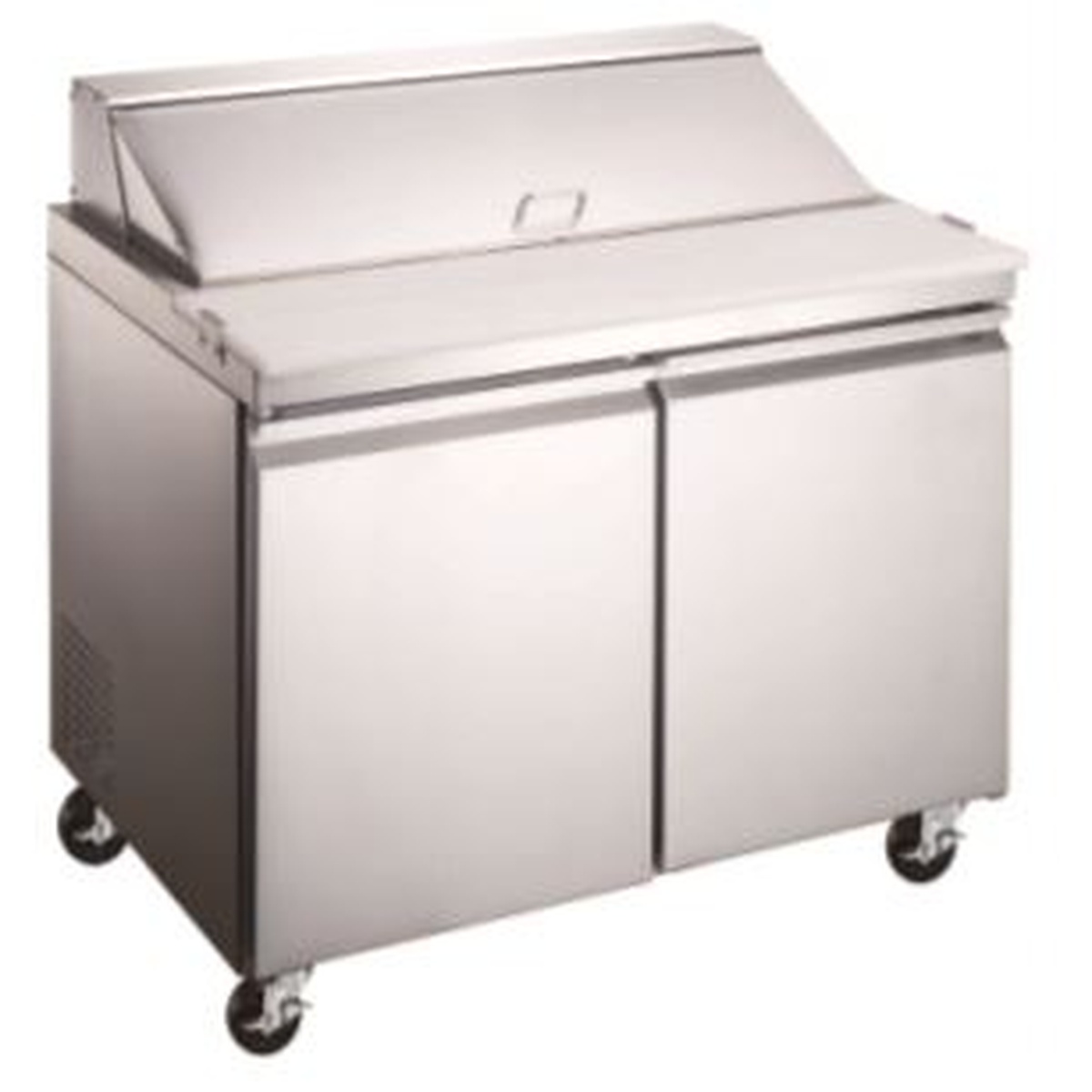 Enhanced ESP-48-HC stainless steel 48-inch refrigerated sandwich and salad prep table with two self-closing doors and casters