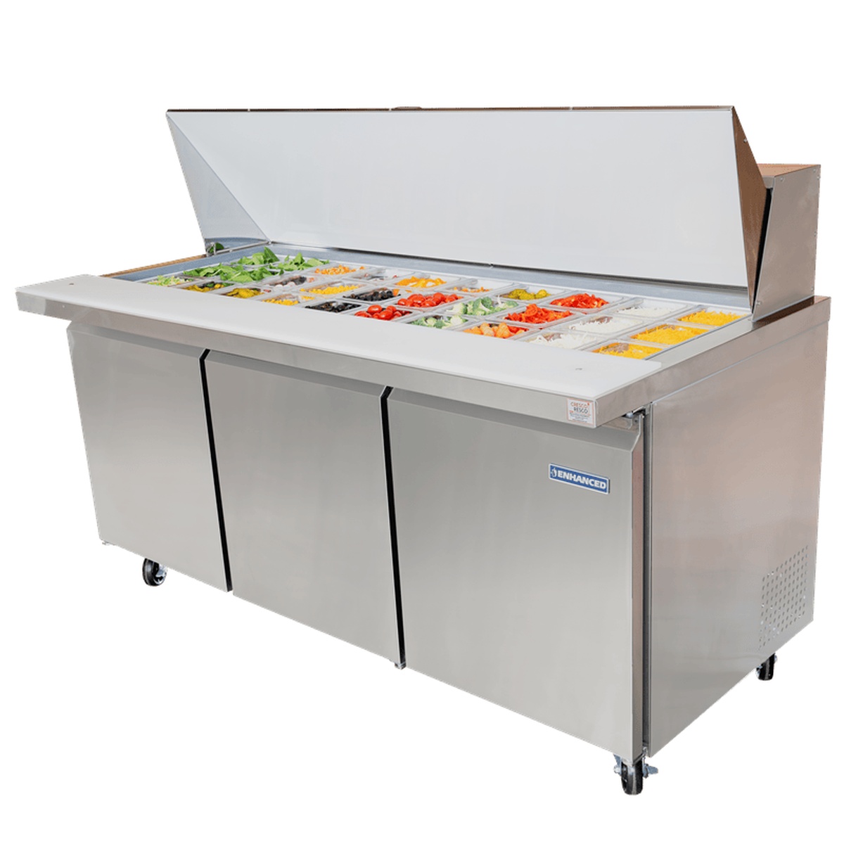 ESP-72-HC Enhanced 72-inch sandwich salad prep table with lid open and ingredient pans loaded