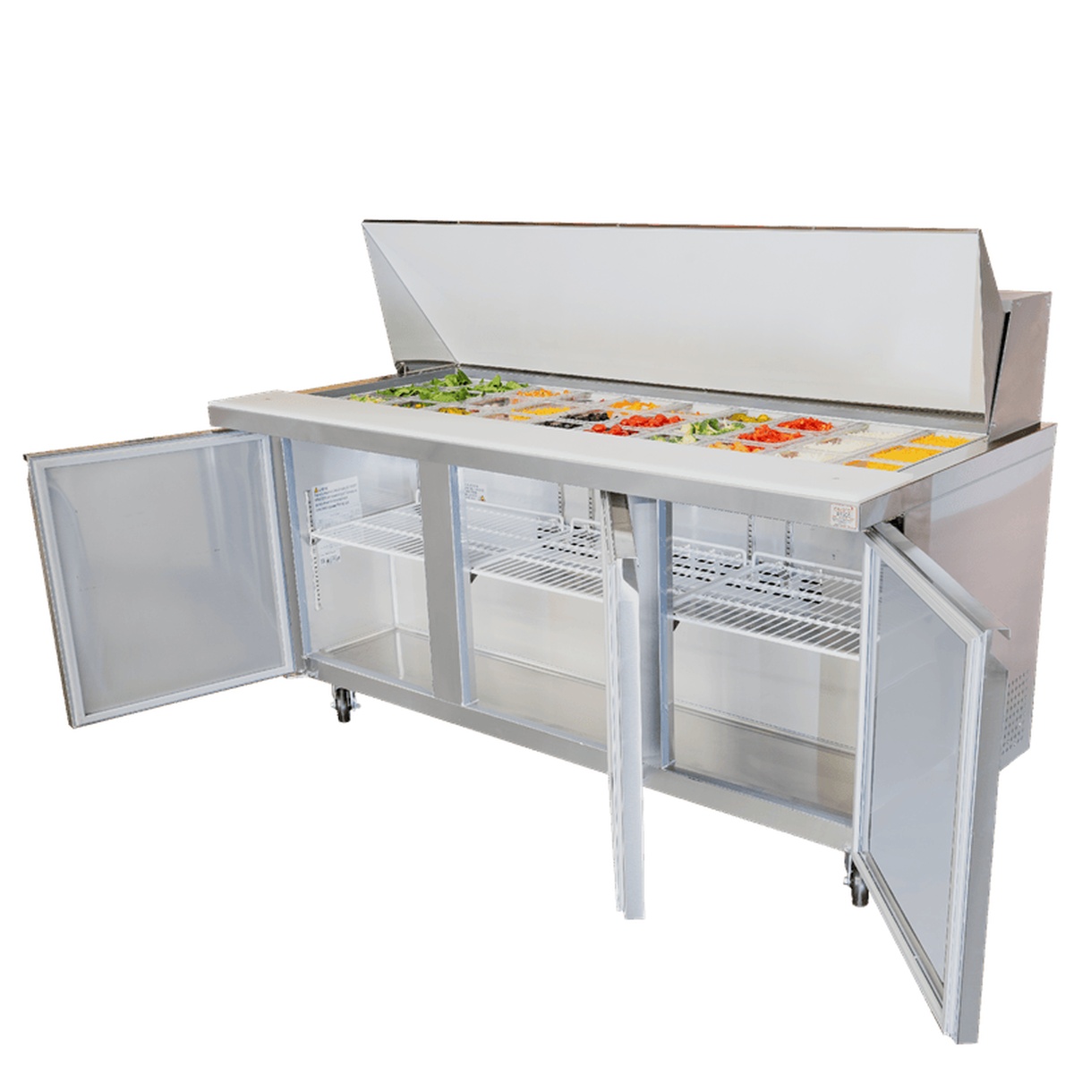 ESP-72-HC Enhanced sandwich prep table with all three doors and lid open revealing interior shelves and ingredient pans