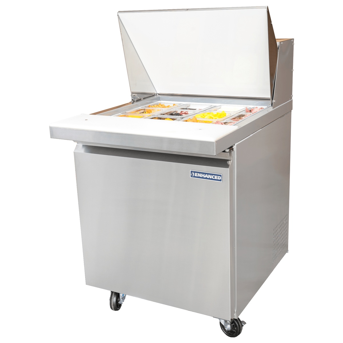 Enhanced ESPM-27-12-HC mega top sandwich prep unit shown at an angle with lid open and six food pans loaded