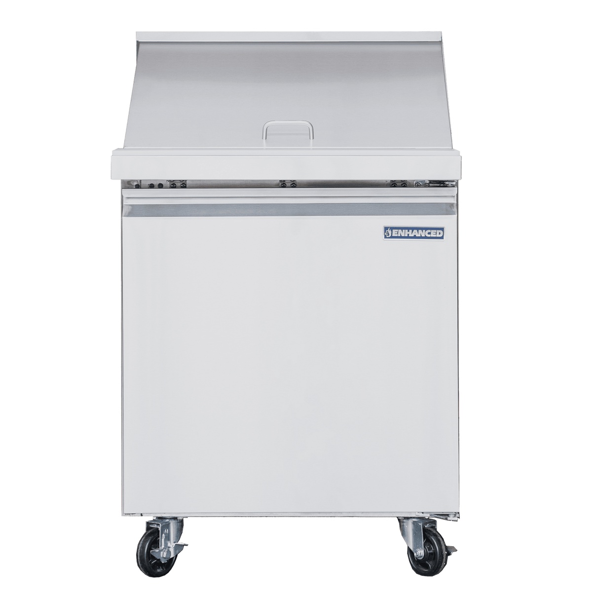 Enhanced ESPM-27-12-HC mega top sandwich prep unit front view showing stainless steel door and four casters