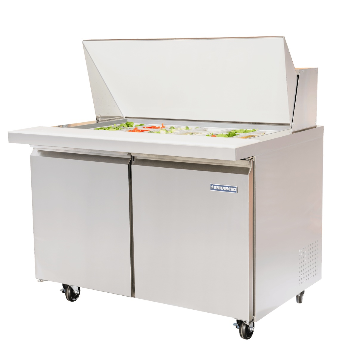 Enhanced Refrigeration ESPM-36-12-HC Mega Top Sandwich Salad Prep Table with lid open showing ingredient pans