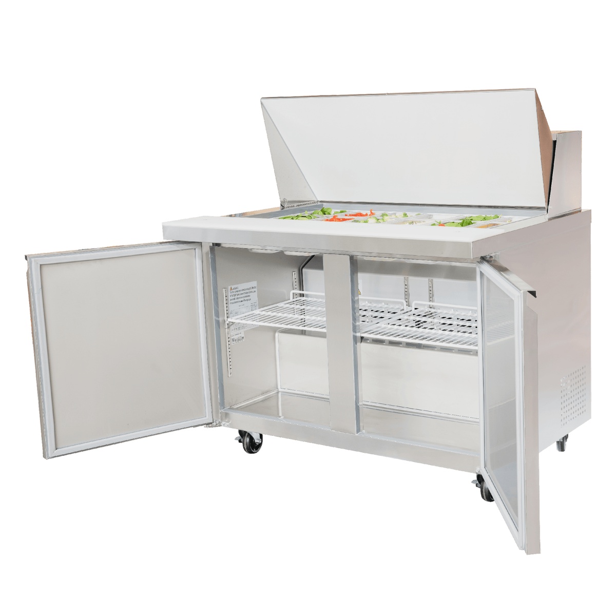 Enhanced ESPM-48-18-HC sandwich prep table with both doors open revealing two PVC-coated adjustable shelves inside the 14 cu ft cabinet