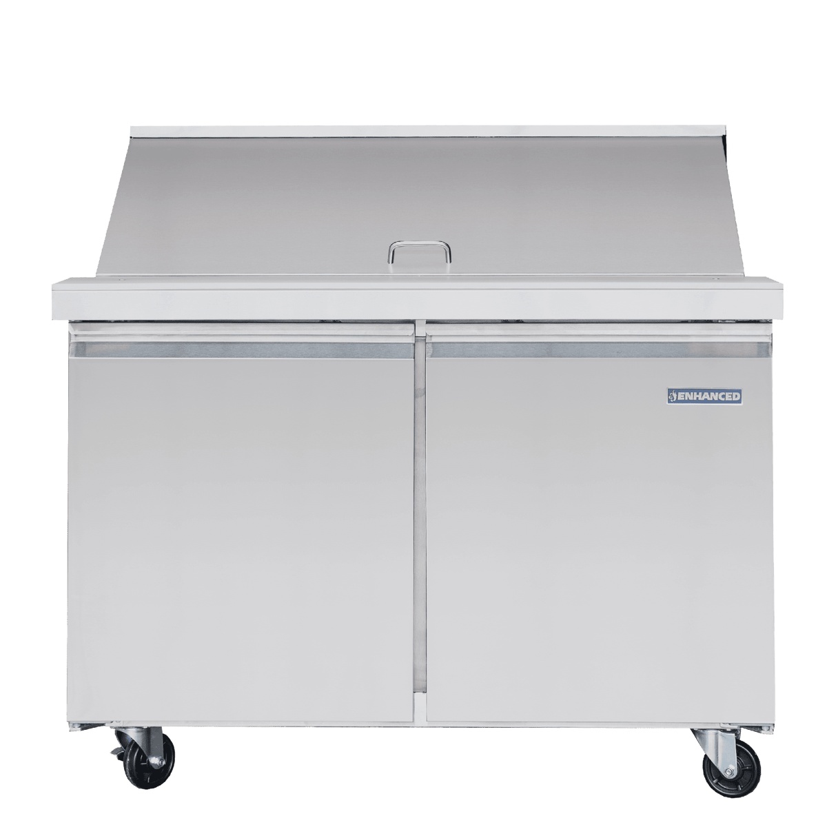 Enhanced ESPM-48-18-HC 48-inch refrigerated sandwich prep table front view with lid closed, two doors, and four casters