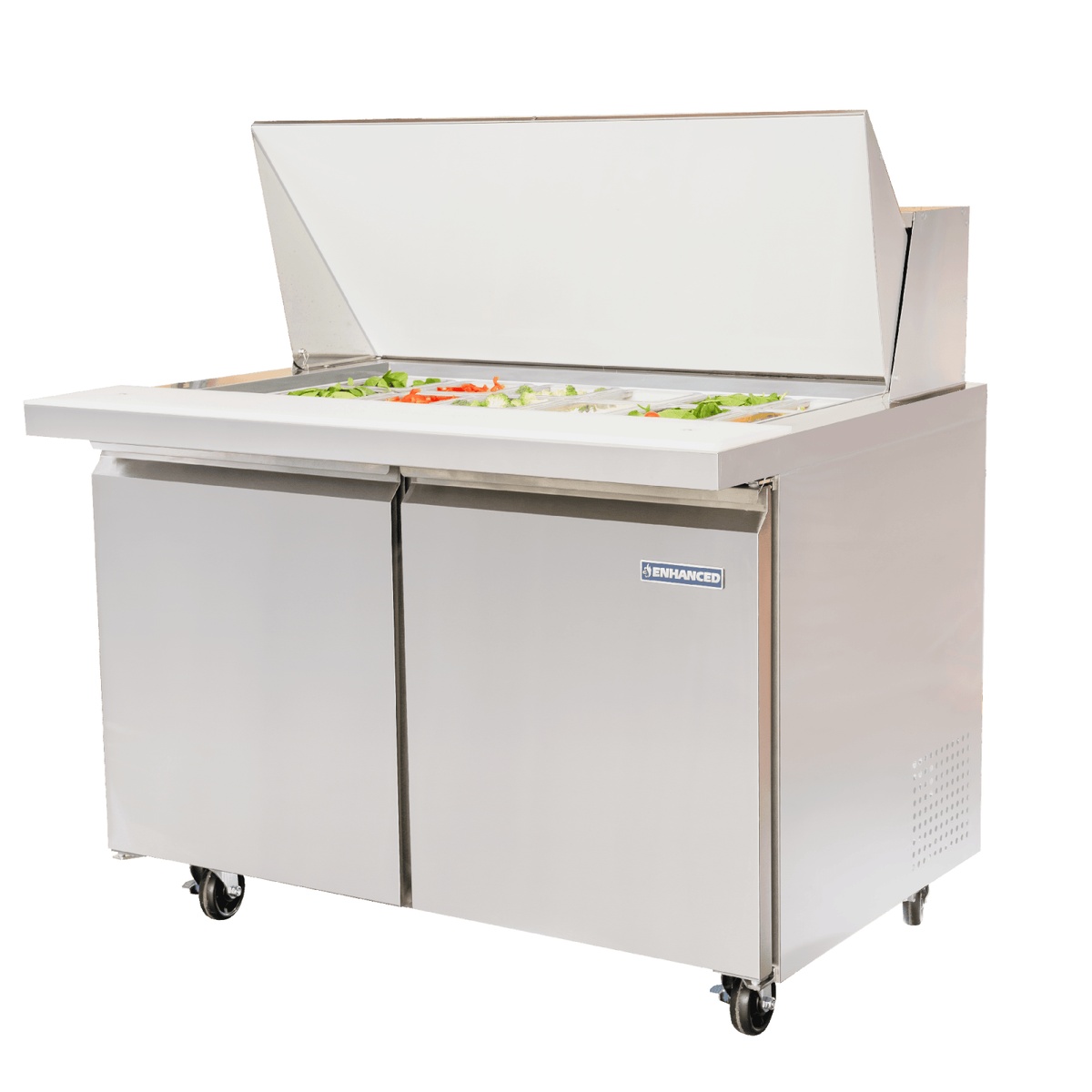Enhanced ESPM-48-18-HC mega top sandwich prep table with lid open showing 15 poly pans loaded with fresh ingredients