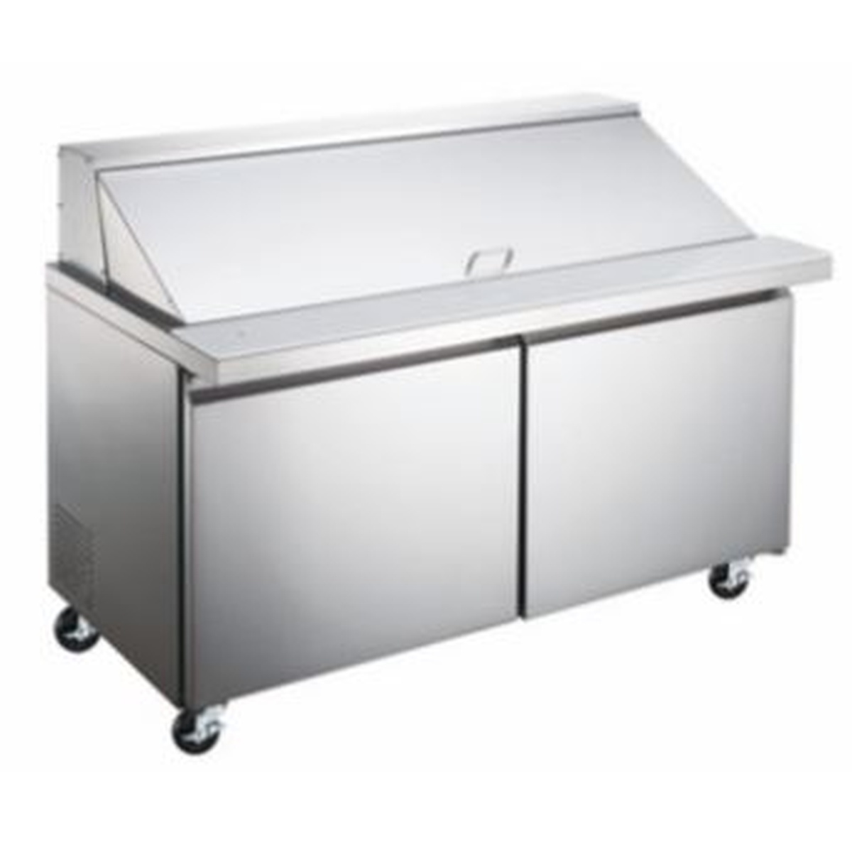 Enhanced ESPM-60-24-HC stainless steel mega top sandwich and salad prep table with two self-closing doors and four casters