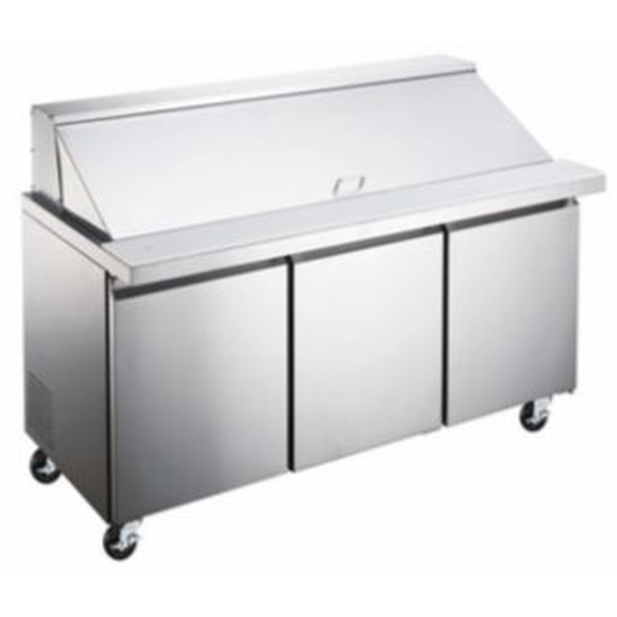 Enhanced Refrigeration ESPM-72-30-HC 72-inch stainless steel refrigerated sandwich and salad prep unit with mega top lid and casters