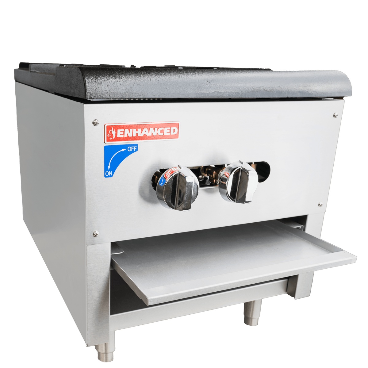 Enhanced ESPS-1 stock pot range with lower storage shelf pulled open, showing angle view of stainless steel body and cast iron grate
