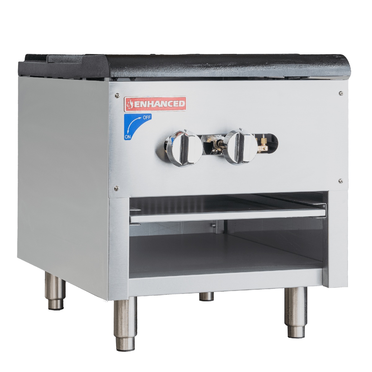 Enhanced ESPS-1 single stock pot range full view showing stainless steel body, cast iron top, control knobs, and lower storage shelf