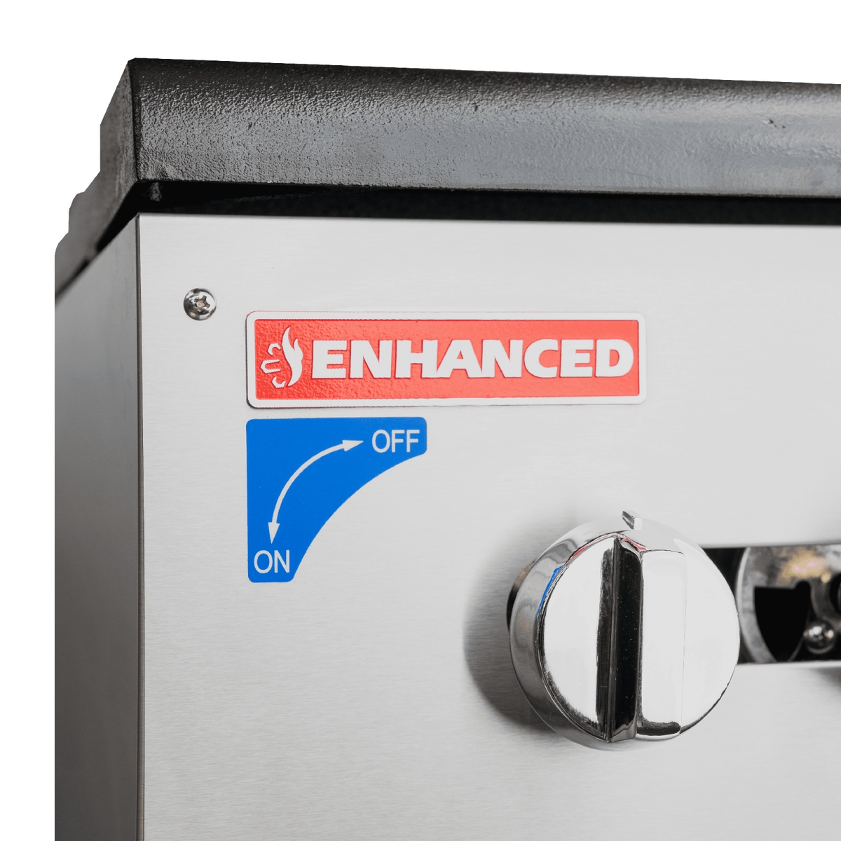 Close-up of Enhanced brand label and chrome control knob on the stainless steel front panel of the ESPS-1 stock pot range