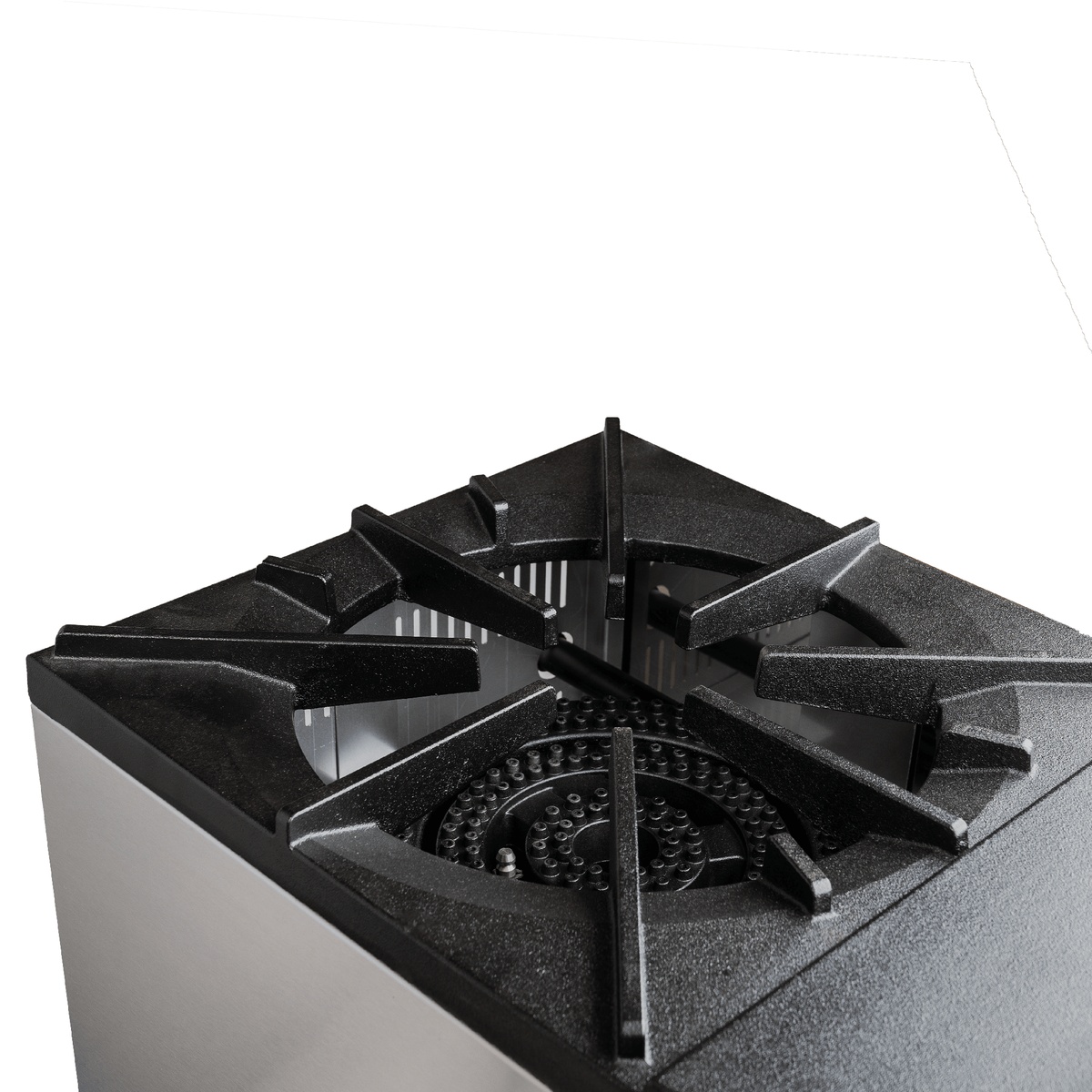 Close-up overhead view of the Enhanced stock pot range cast iron burner grates and gas burner ring