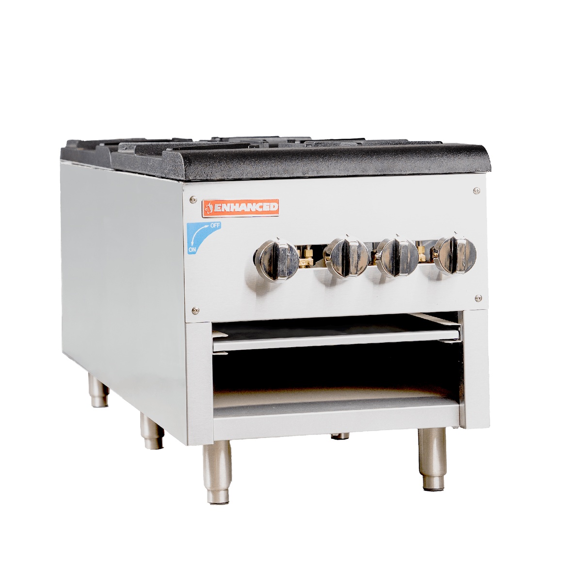 Enhanced ESPS-2-E single stock pot range with stainless steel body, four front control knobs, dual cast iron burner grates, and open undershelf on adjustable legs