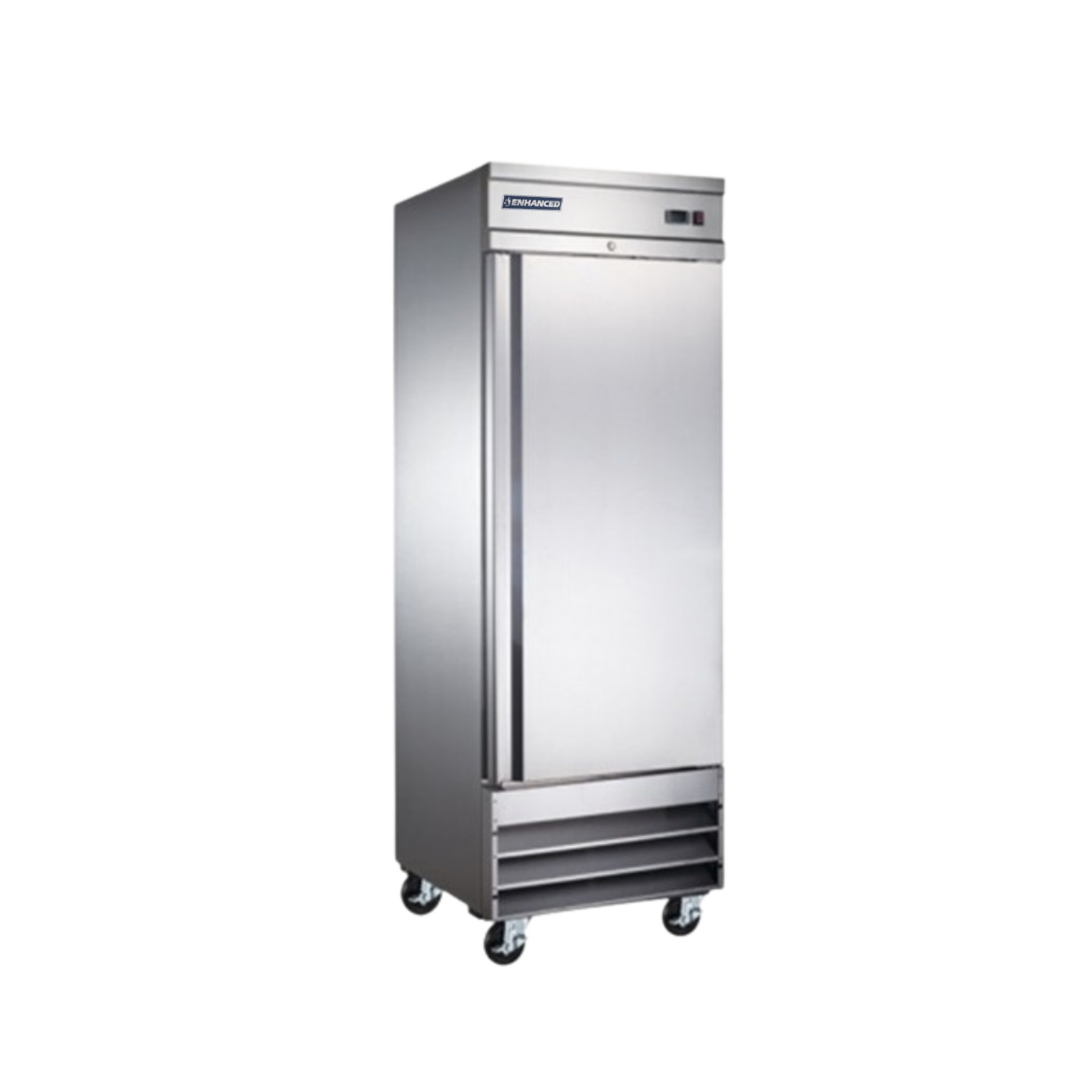 Enhanced ESRW-19F-HC single solid door reach-in freezer with stainless steel exterior on heavy-duty casters