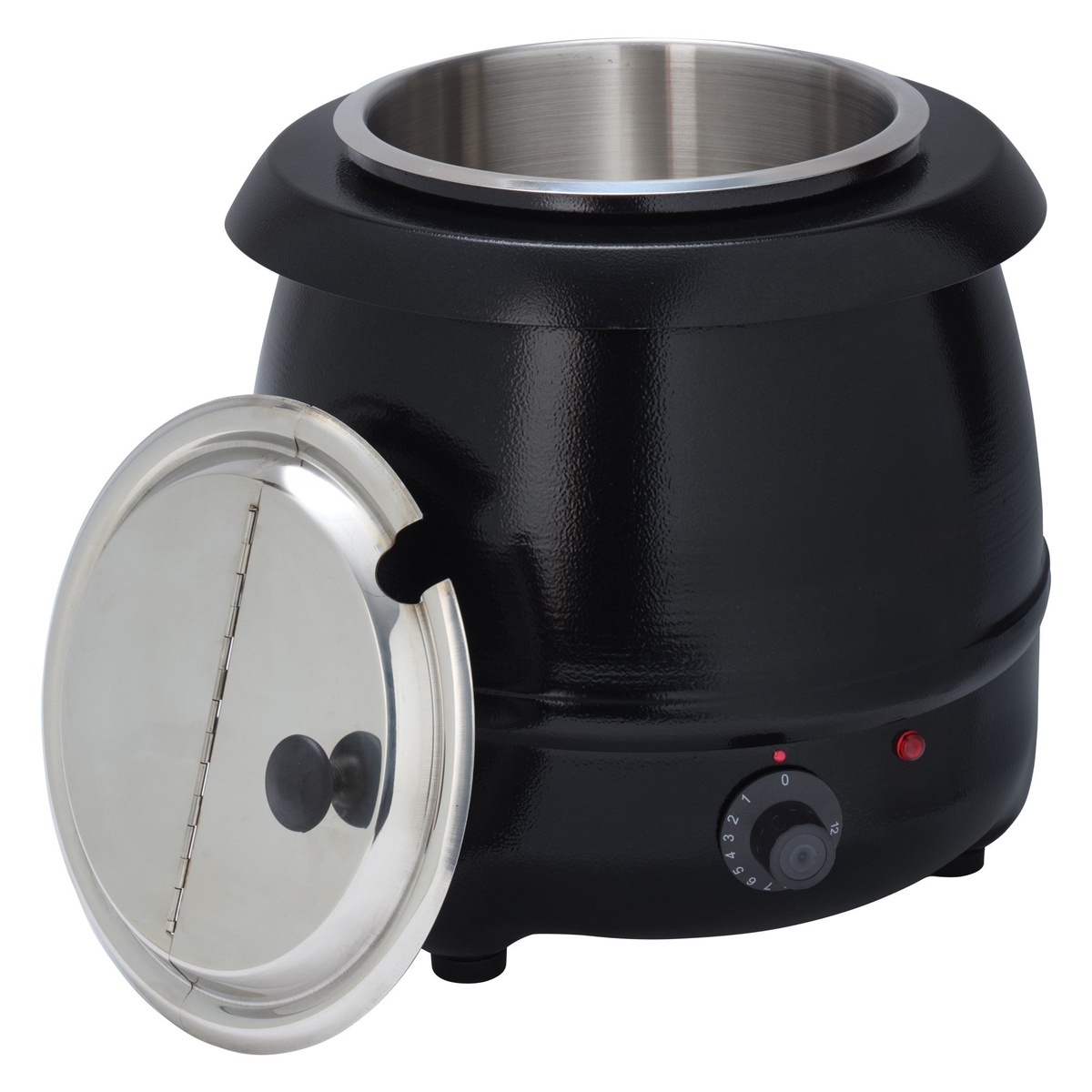 Winco ESW-66 soup warmer showing stainless steel inset opening and hinged lid