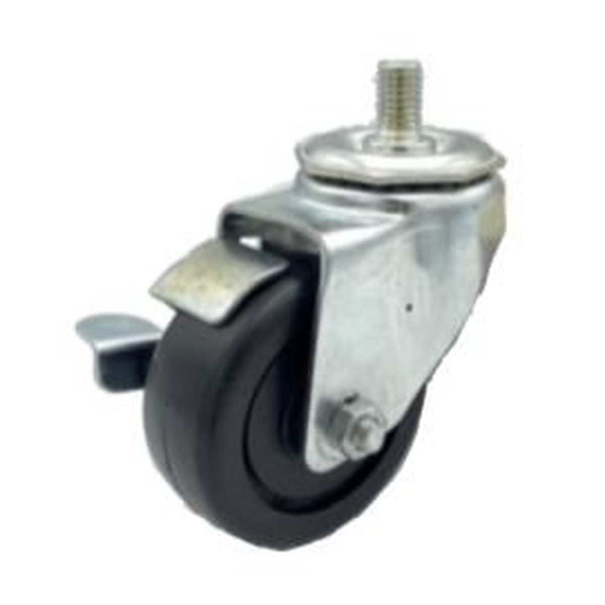 ET31Z-313-P2-1 Enhanced 13-inch long thread caster with brake, showing black rubber wheel, metal swivel bracket, threaded stem, and foot brake