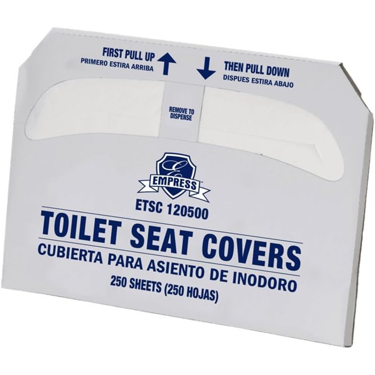Single pack of Empress ETSC 120500 toilet seat covers showing pull-up and pull-down dispense instructions