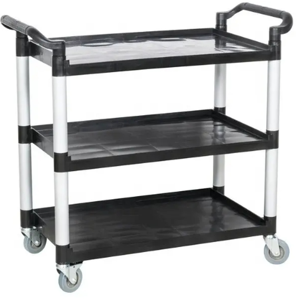 Cresco Resco EUC-2040 large black 3-shelf bus cart with aluminum posts and swivel casters